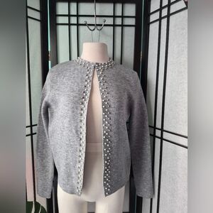Chic Gray Pearl-Embellished Cardigan